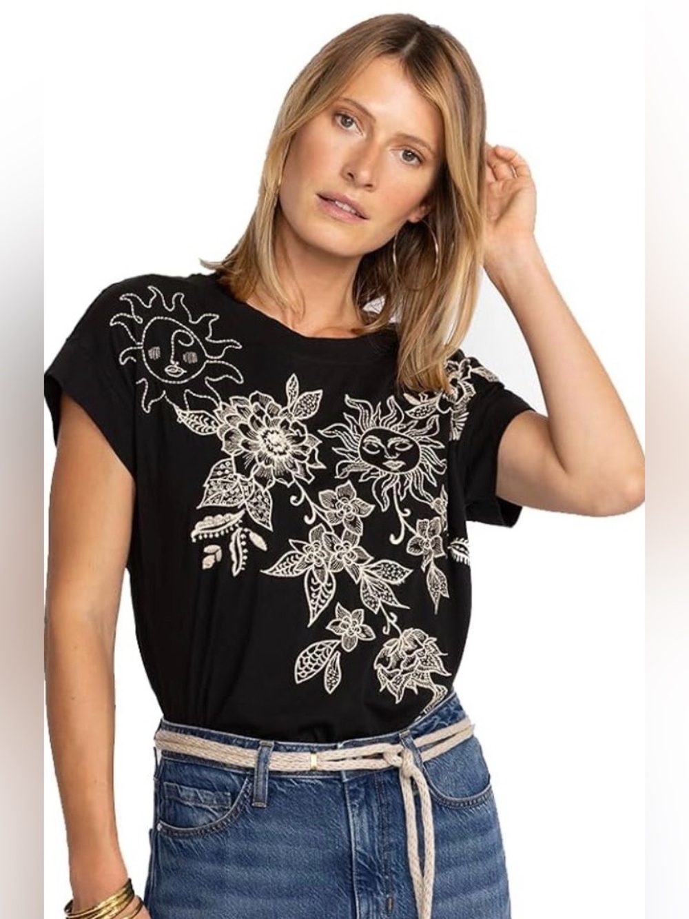 Johnny Was Black Short-Sleeve Tee with White Sun & Floral Embroidery